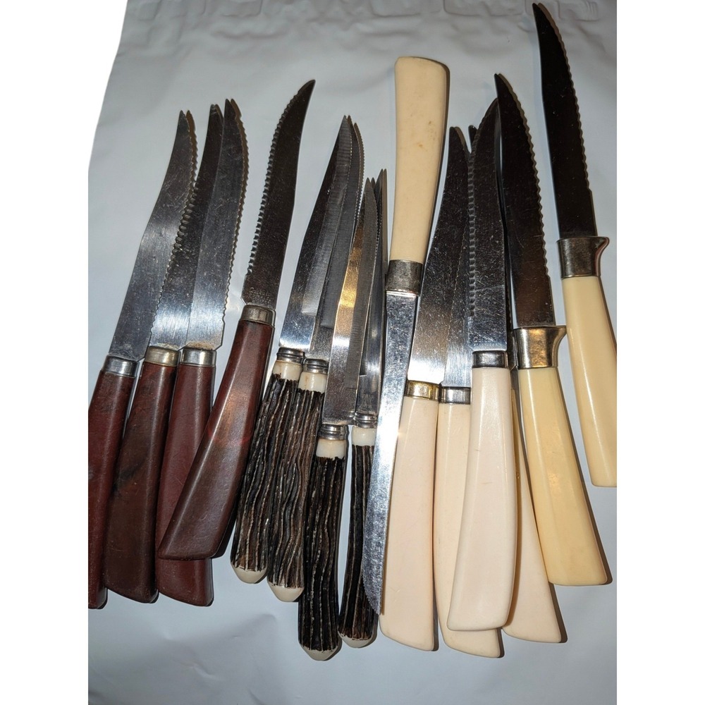 Vintage Mixed Steak Knife Lot 15pc Quikut Stainless Faux Stag Bone Wood Handles